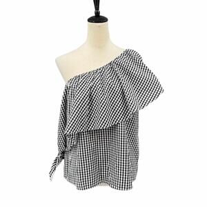 Sugarlips NWT Black White Gingham 100% Cotton One Shoulder Ruffle Summer Top